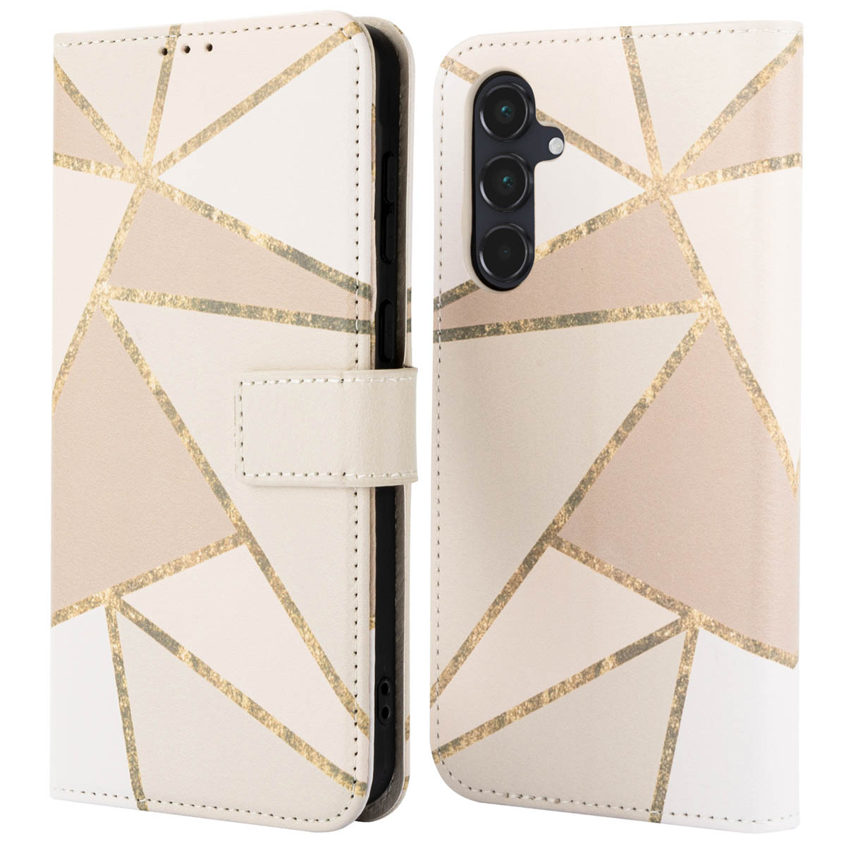 Étui de téléphone style portefeuille, motif géométrique beige et doré, avec fermoir.