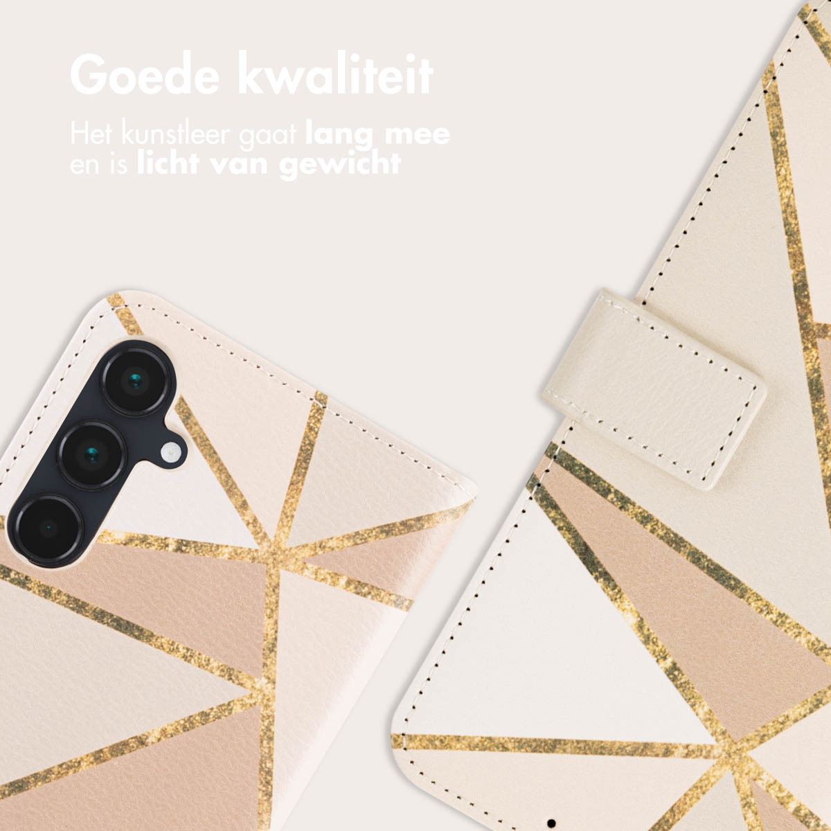 Coque de téléphone avec un motif géométrique. Couleurs beige, or et pêche. Le téléphone est à l'intérieur.