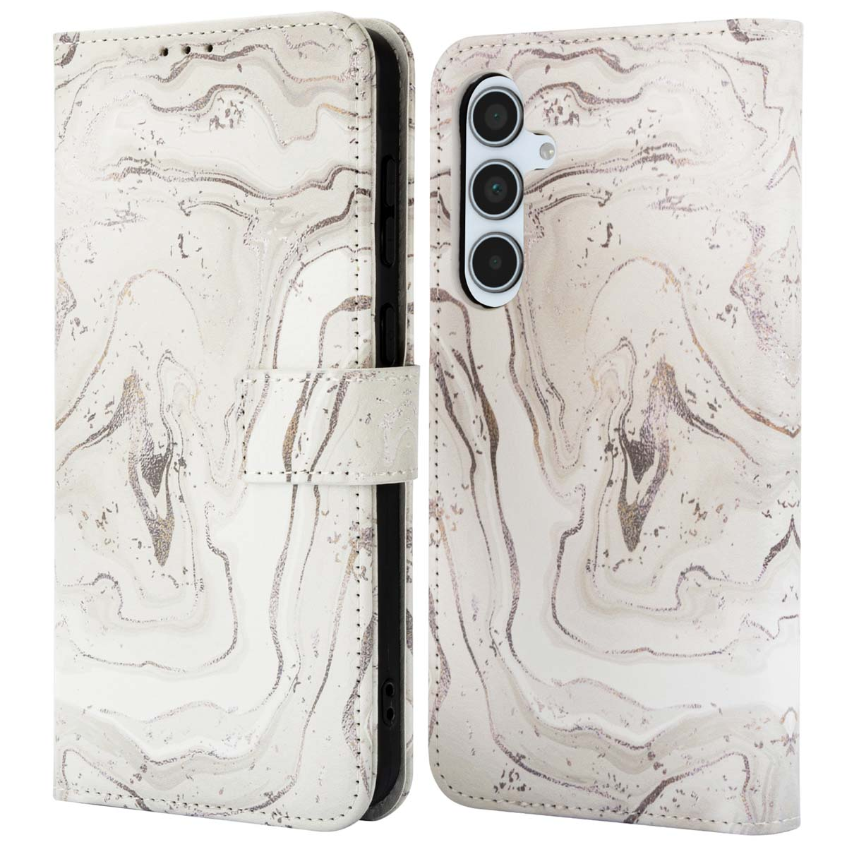 Custodia per telefono in marmo bianco. Ha un lembo con chiusura magnetica. Lo sfondo è bianco.