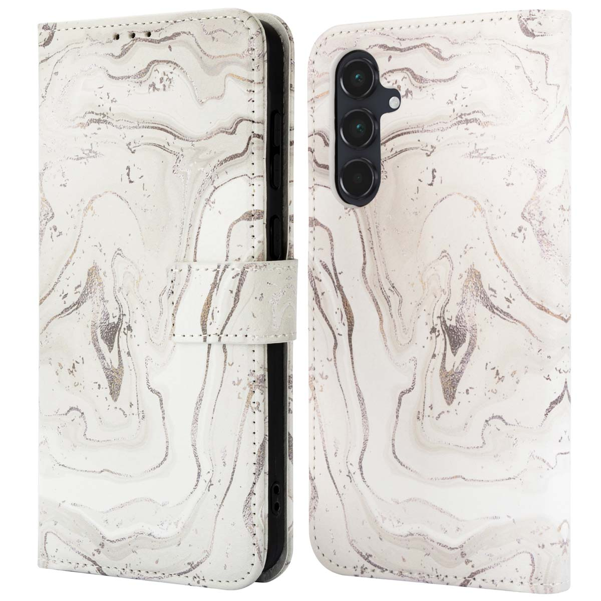 Coque de téléphone : motif marbre. Blanc et gris. Étui ouvert. Un téléphone avec caméra est visible.