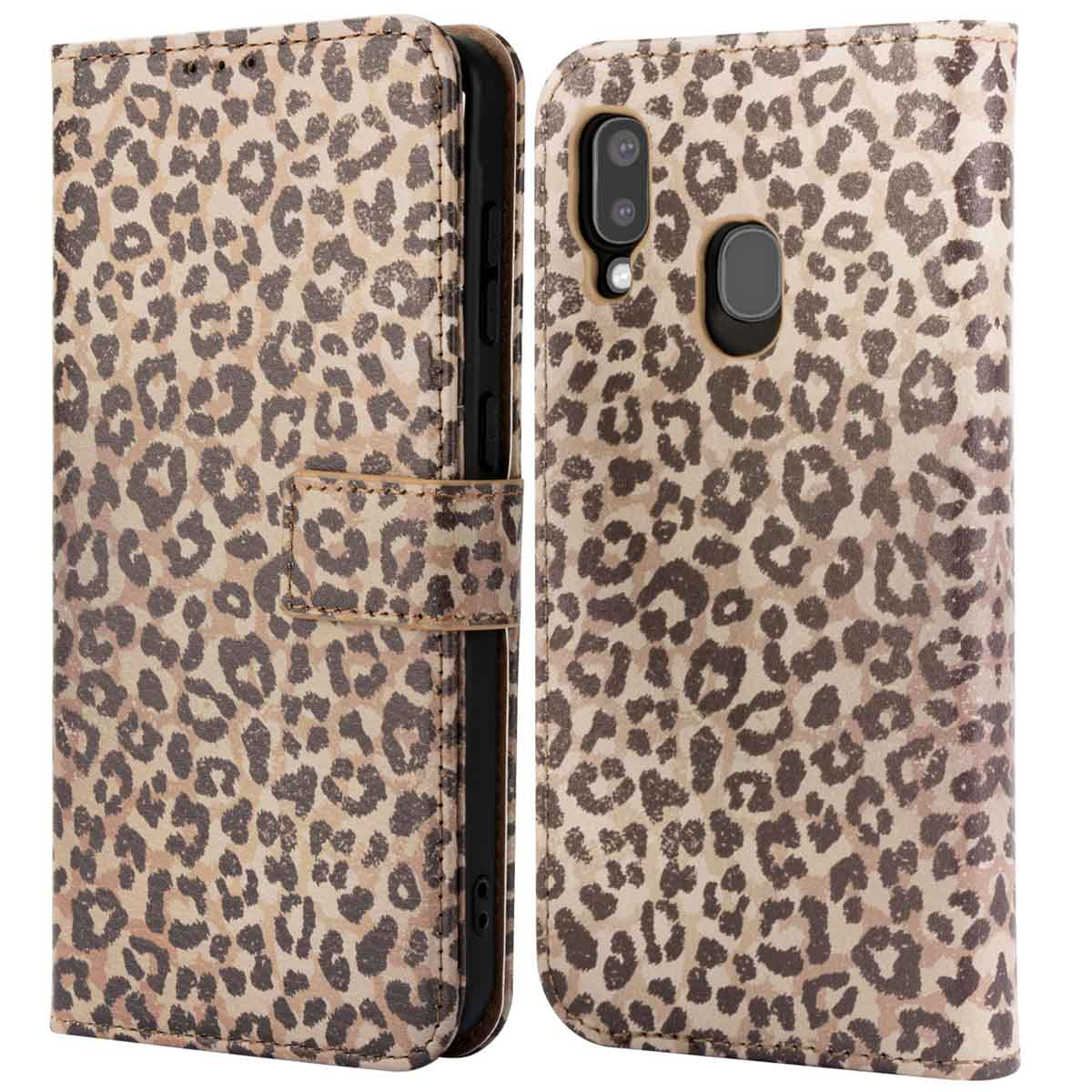 Telefoonhoesje met luipaardprint, open. De hoes toont de telefoon binnenin.