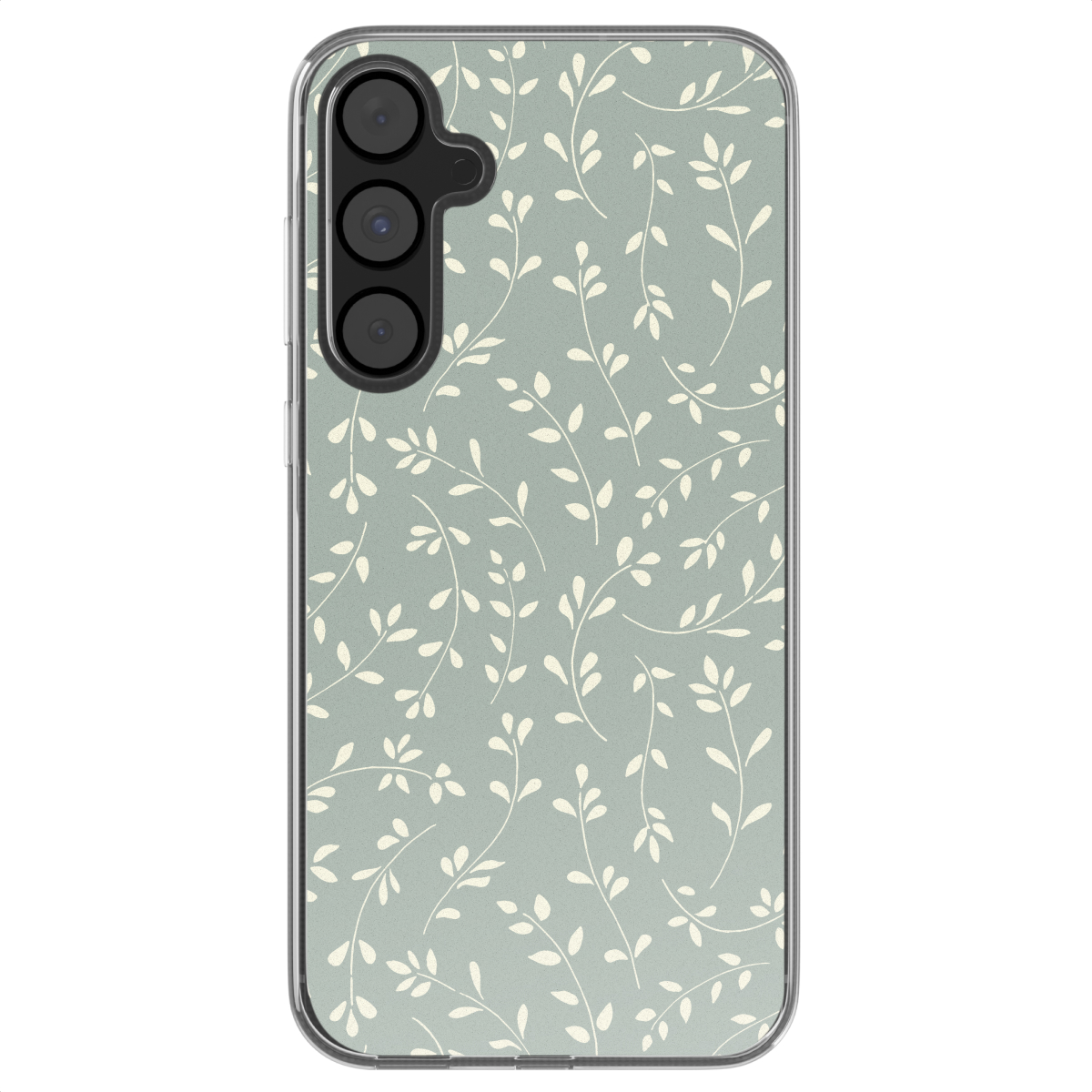 Telefoonhoesje met een groene achtergrond en wit bloemmotief in een close-up shot.