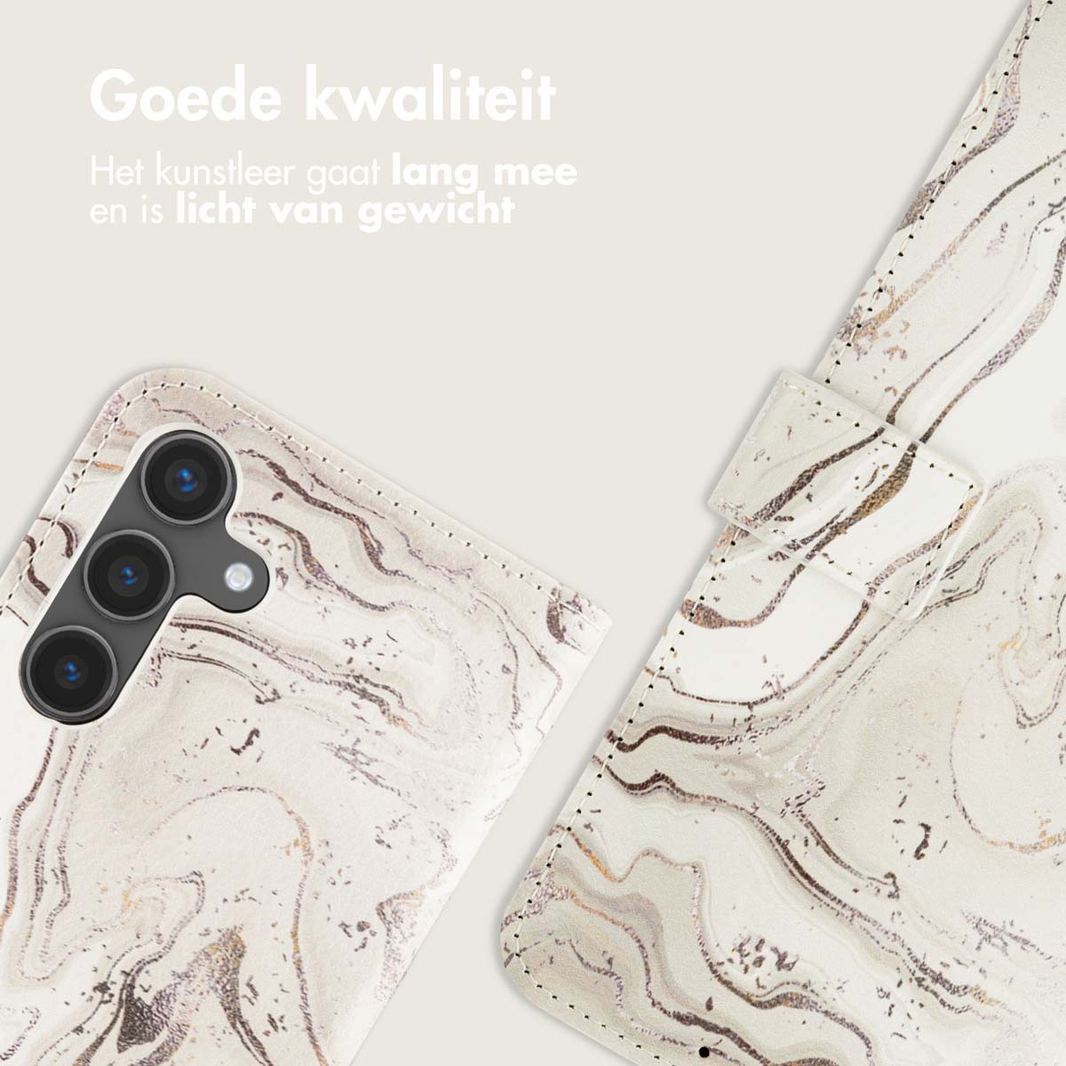 Telefoonhoesje, marmerdesign. Open hoesje, de camera bevindt zich linksboven, hoes open en de telefoon is zichtbaar.