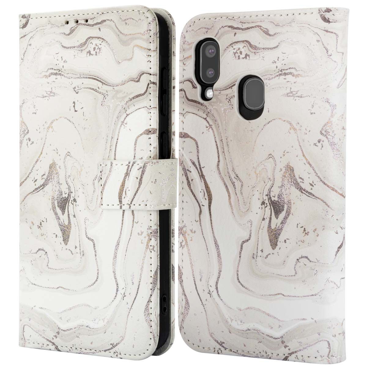 Witte telefoonhoes met marmerpatroon. De hoes is open en heeft een magneetsluiting.