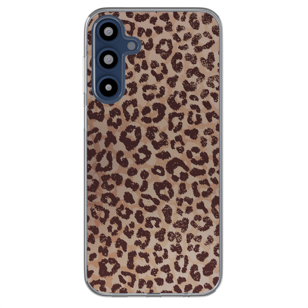 Coque de téléphone à imprimé léopard. Taches marron sur fond beige. Détail de la caméra visible.