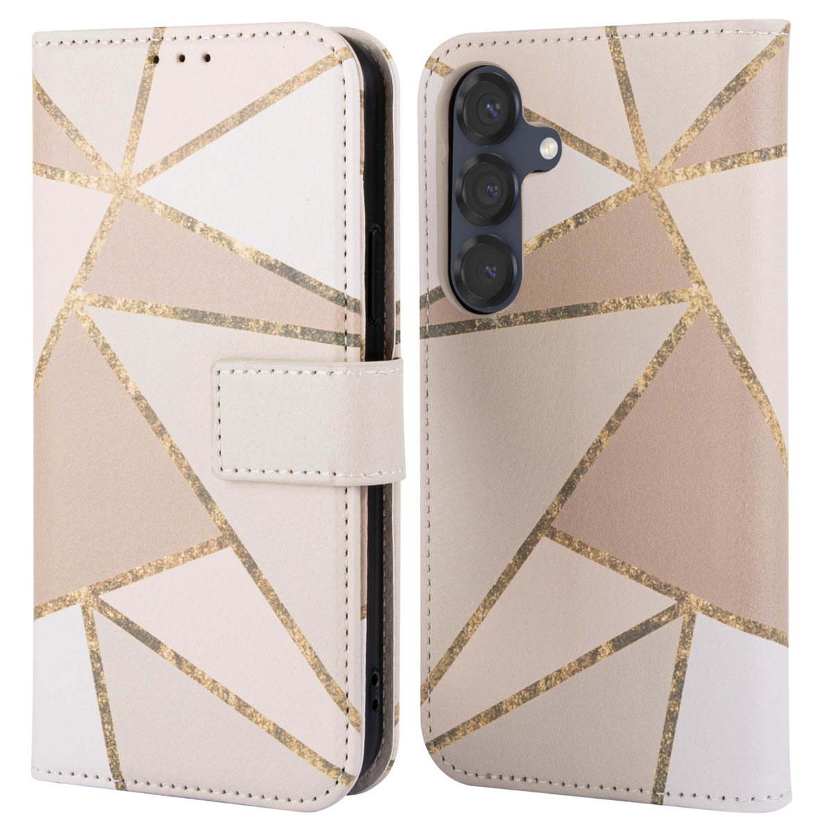 Telefoonhoesje met geometrisch patroon open, toont de telefoon. Beige, goud en witte kleuren.