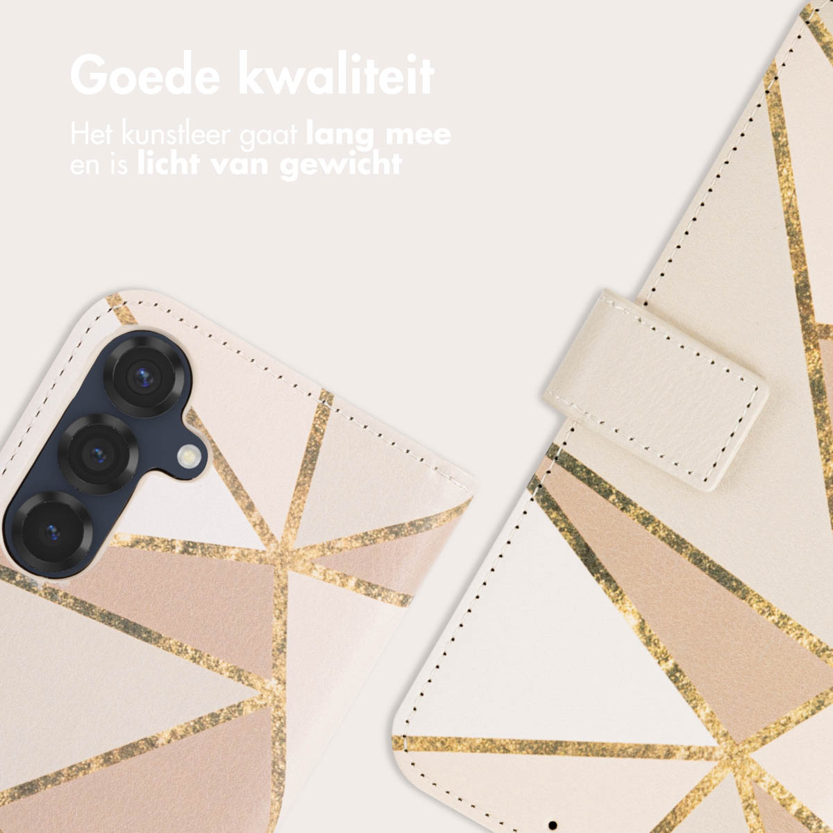 Telefoonhoesje met geometrisch goud design. De hoes is open.