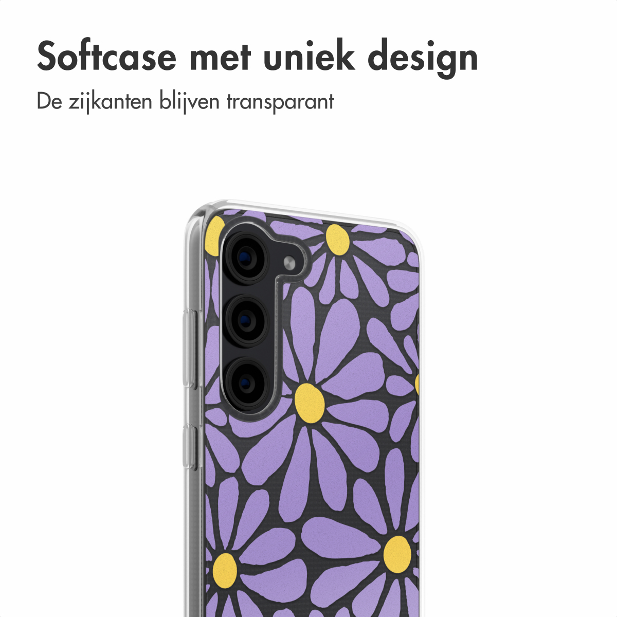 Transparante telefoonhoes met paars madeliefpatroon, zwarte achtergrond, witte achtergrond.