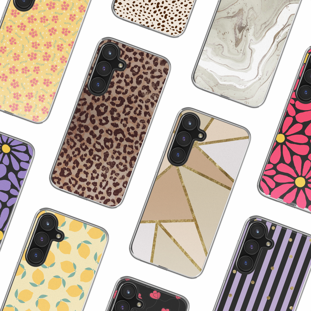 Collectie telefoonhoesjes, verschillende patronen waaronder bloemen, luipaard, geometrisch en gestreept.