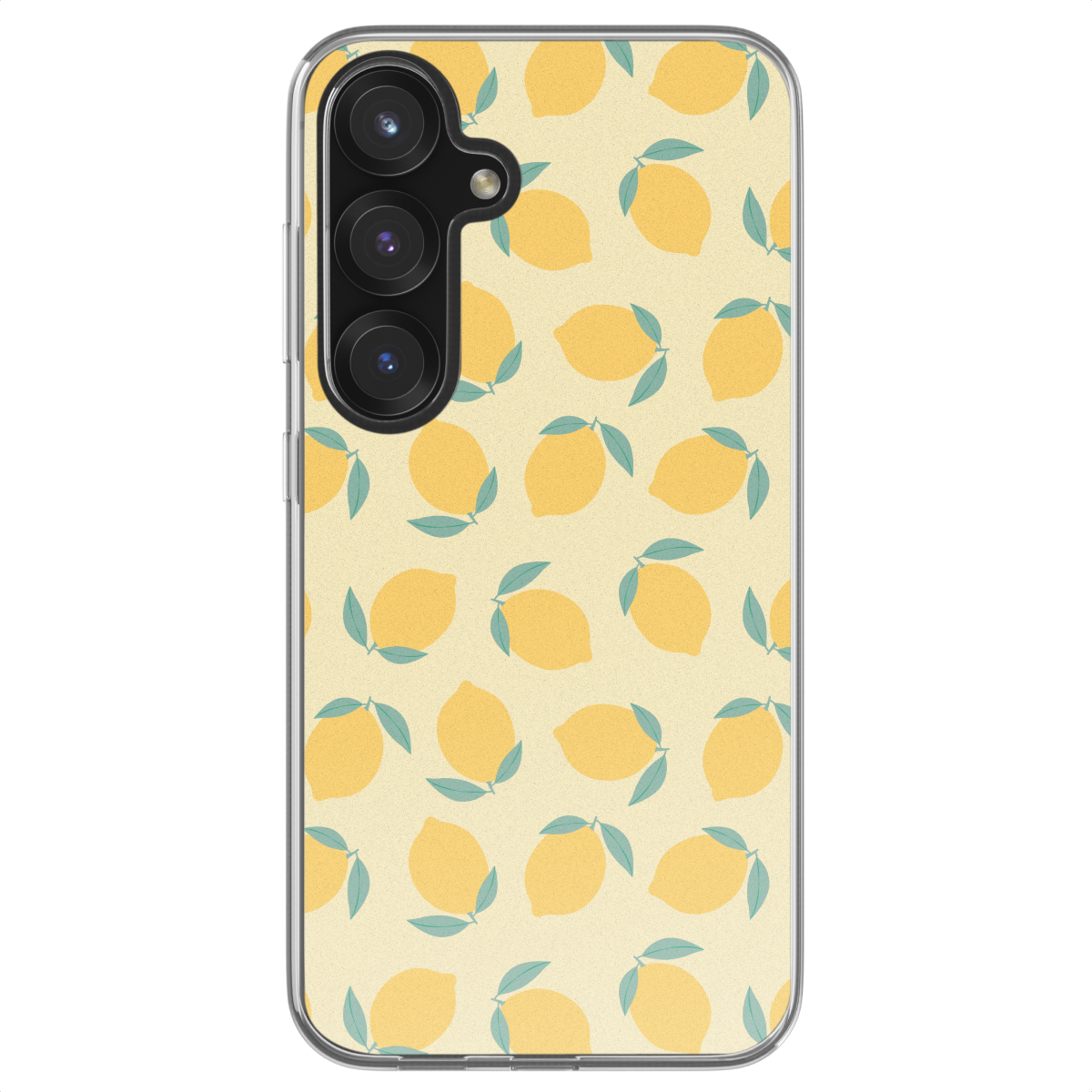 Telefoonhoesje met een patroon van gele citroenen en groene bladeren op een lichte achtergrond.