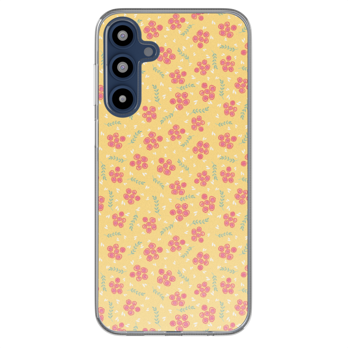 Gele telefoonhoes met roze bloemen. Telefoon erin. Camera in het midden bovenaan.