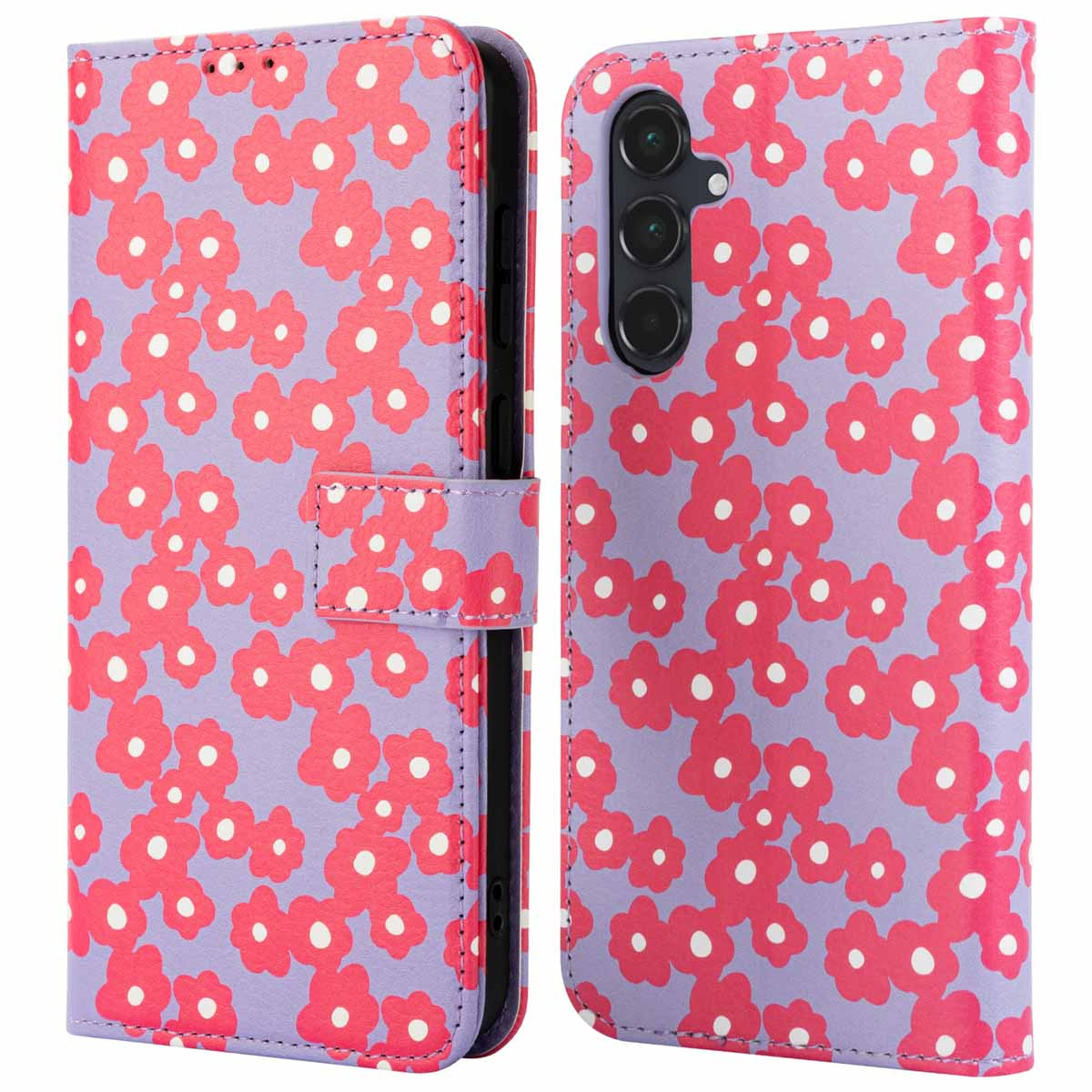 Coque de téléphone violette avec des fleurs rouges. L'étui est ouvert, montrant le téléphone à l'intérieur.
