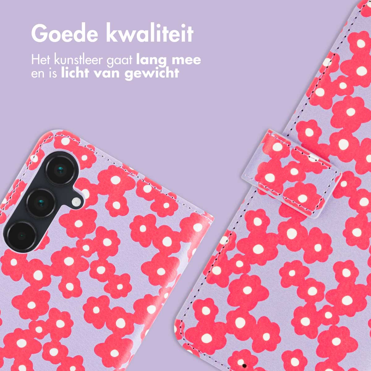 Coque de téléphone à motif floral rouge, ouverte, montrant l'intérieur et le téléphone avec la caméra.