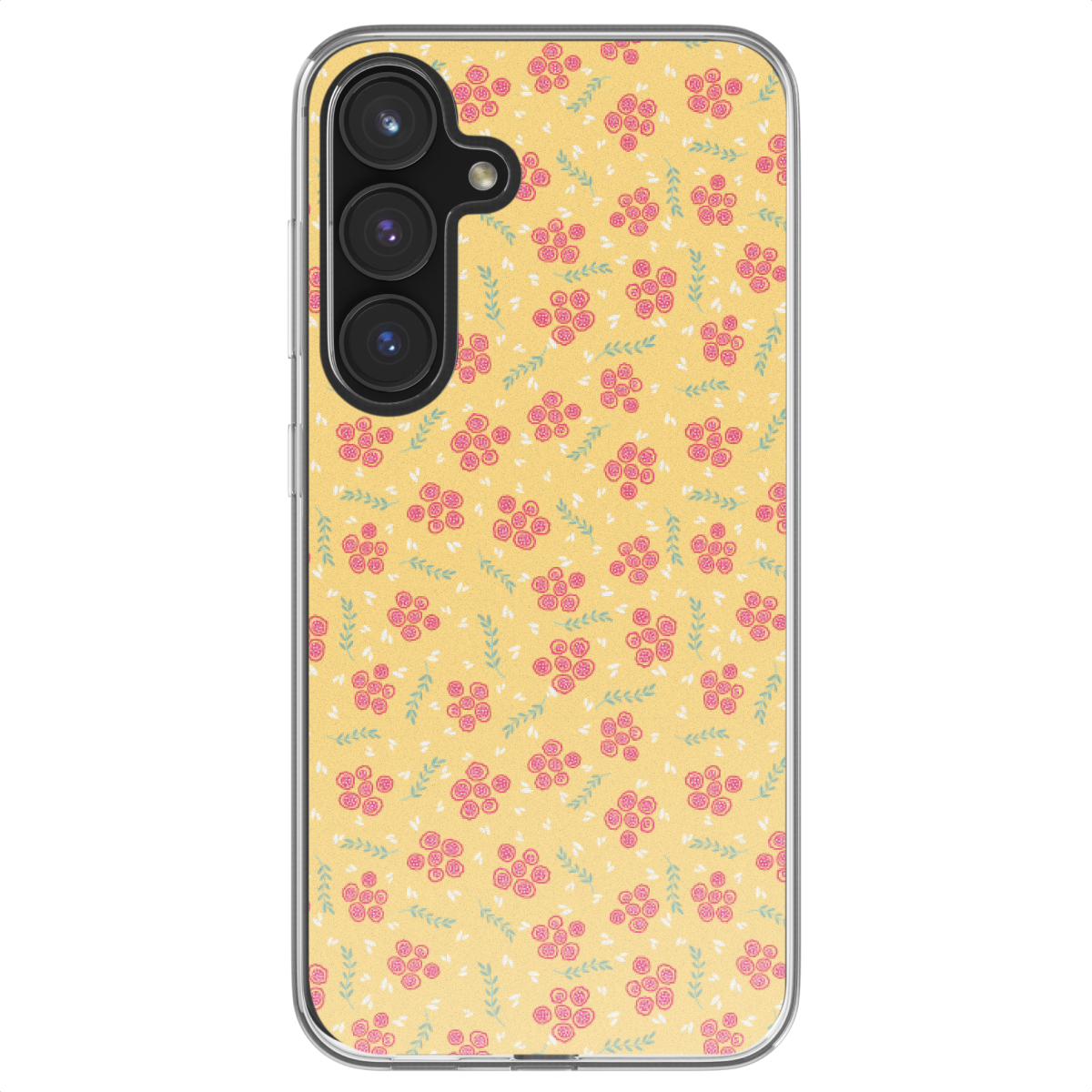 Gele telefoonhoes met roze bloemen en groene bladeren.