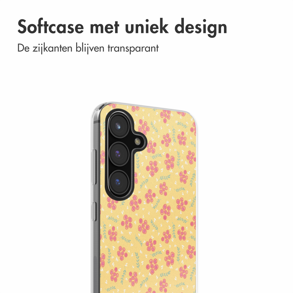 Gele telefoonhoes met roze bloemenpatroon. De telefooncamera is zichtbaar. Achtergrond is wit.