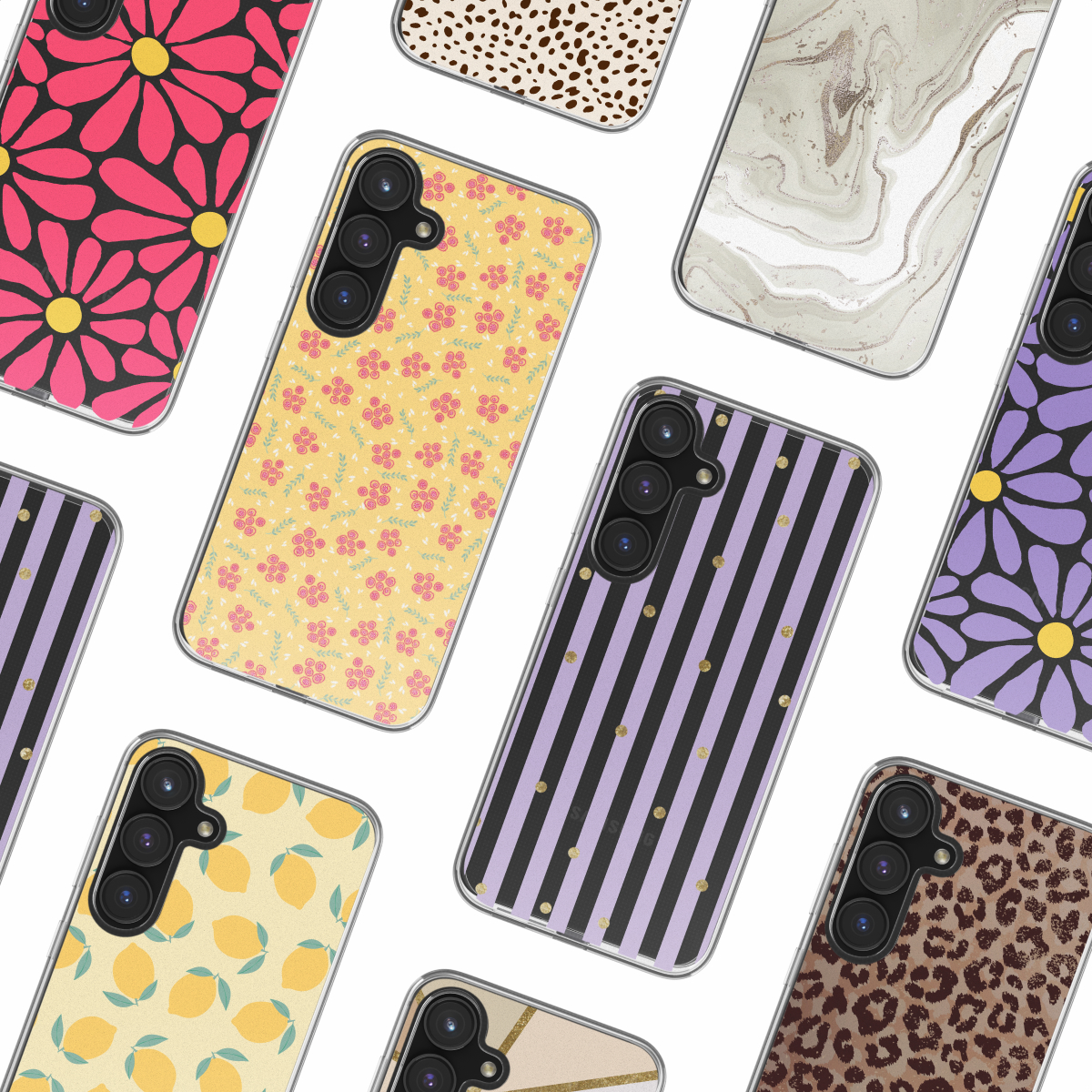 Telefoonhoesjes met verschillende patronen: bloemen, citroenen, strepen, luipaard, marmer, op witte achtergrond.