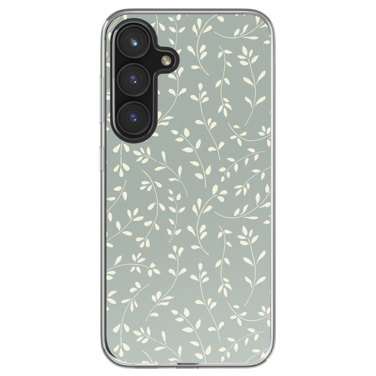 Une coque de téléphone avec un fond vert clair et un motif de feuilles et de tiges blanches.