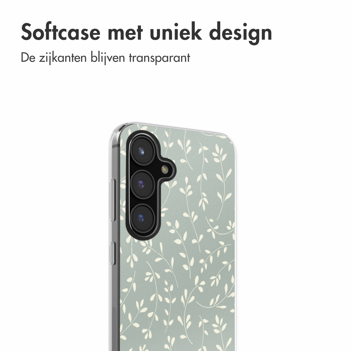 Coque de téléphone avec fond vert clair, motif de feuilles blanches. Bords transparents visibles.