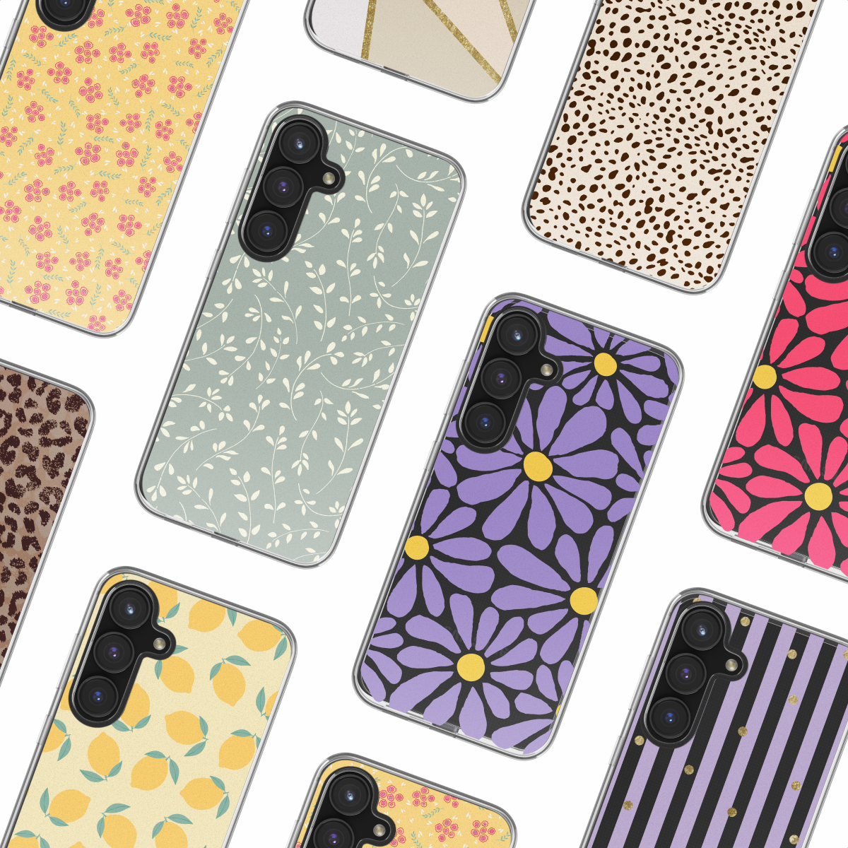 Collection de coques de téléphone avec divers motifs : floral, marbre, léopard et rayures.