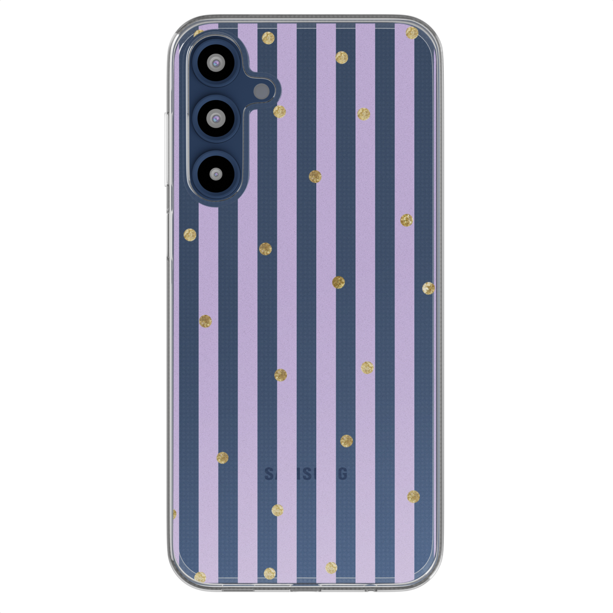 Telefoonhoesje met paarse strepen en gouden stippen, met een transparante achtergrond.