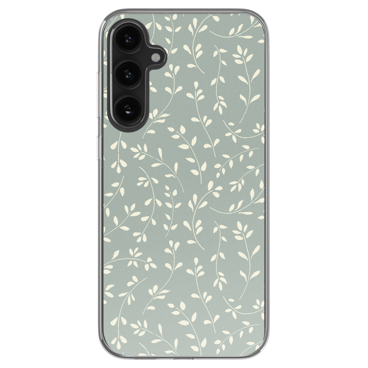 Telefoonhoesje met een groene achtergrond en wit bloemmotief in een close-up shot.