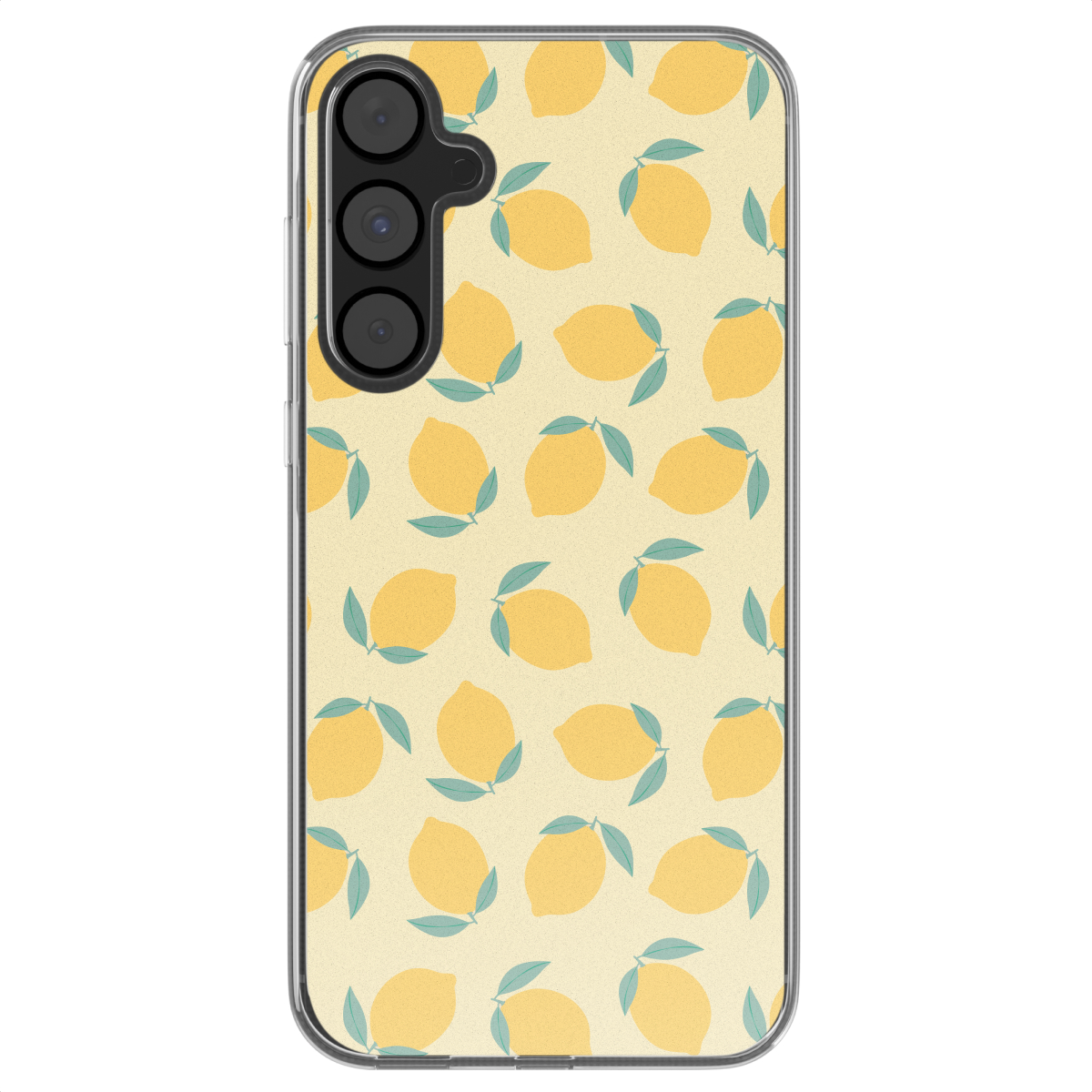 Telefoonhoesje: gele achtergrond met citroenen en groene bladeren. Telefoon is zichtbaar.