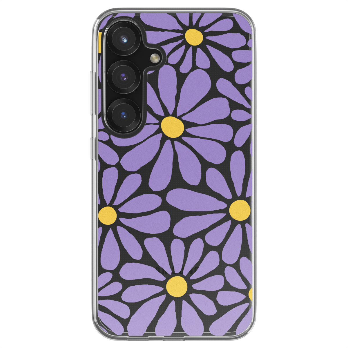 Une coque de téléphone avec un motif de marguerites violettes. La coque du téléphone est sur fond blanc.