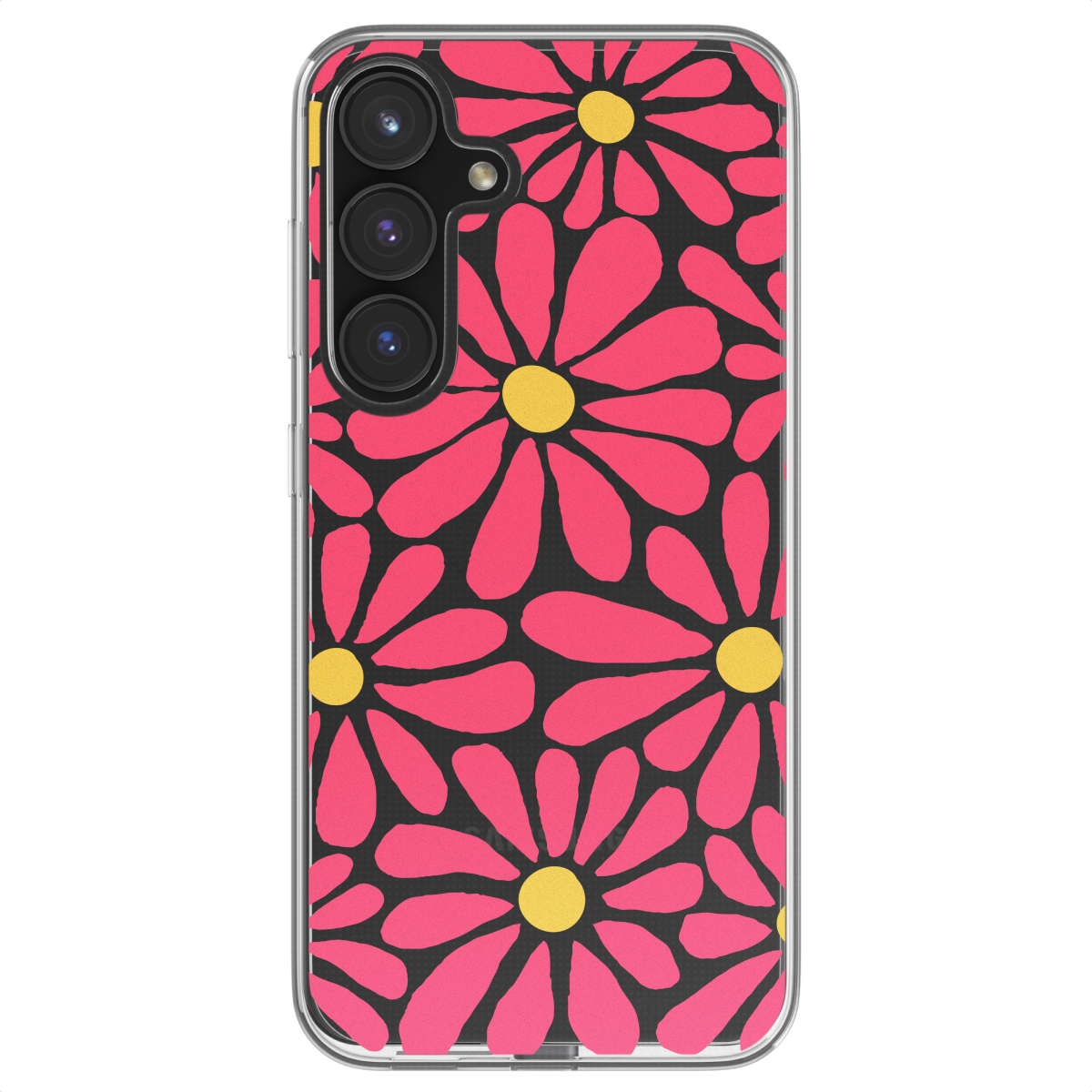Telefoonhoesje met een bloemenpatroon van roze en gele bloemen op een zwarte achtergrond.