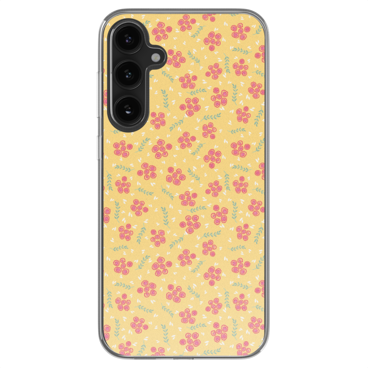 Gele telefoonhoes met kleine roze bloemen en groene bladeren, met gaten voor drievoudige camera.