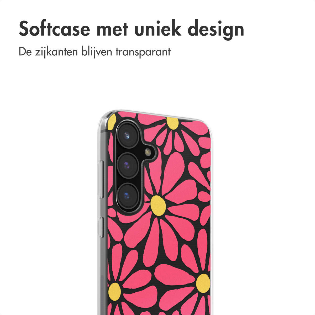 Een telefoonhoesje met een roze en geel bloemenpatroon, close-up.