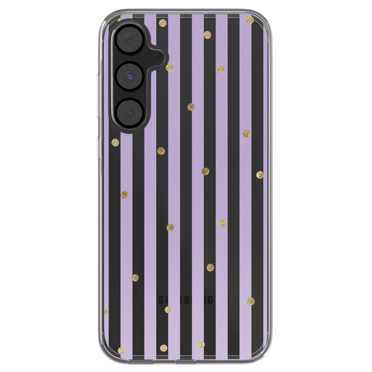 Telefoonhoesje met een patroon van paarse en zwarte strepen met gouden stippen. Telefoon is zichtbaar.