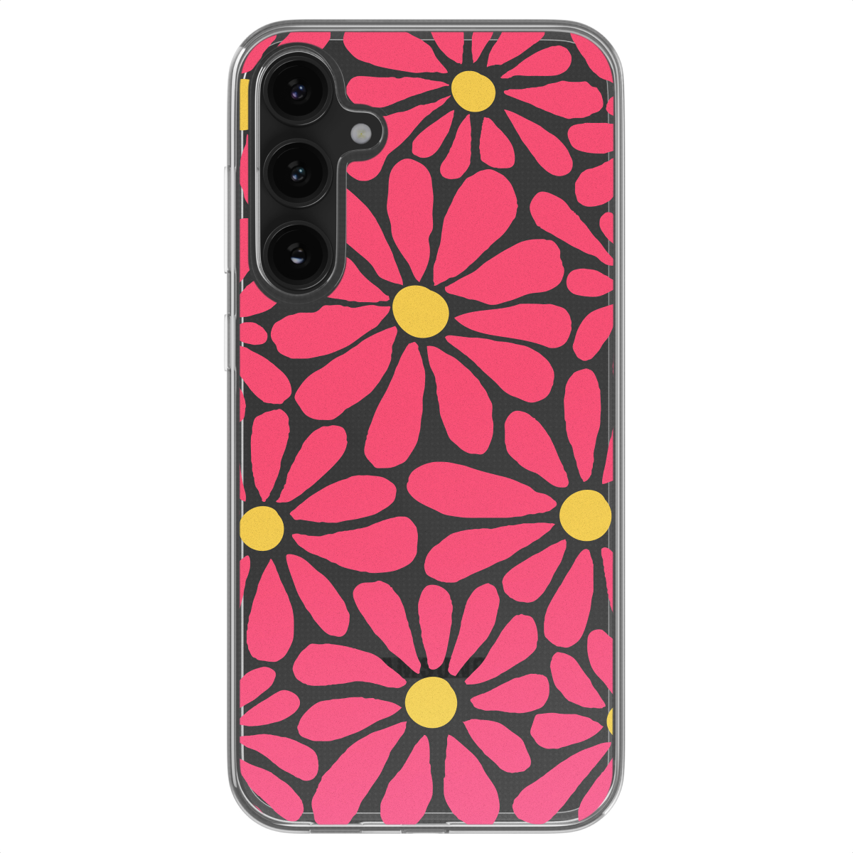 Telefoonhoesje met een patroon van roze bloemen met gele centra op een zwarte achtergrond.