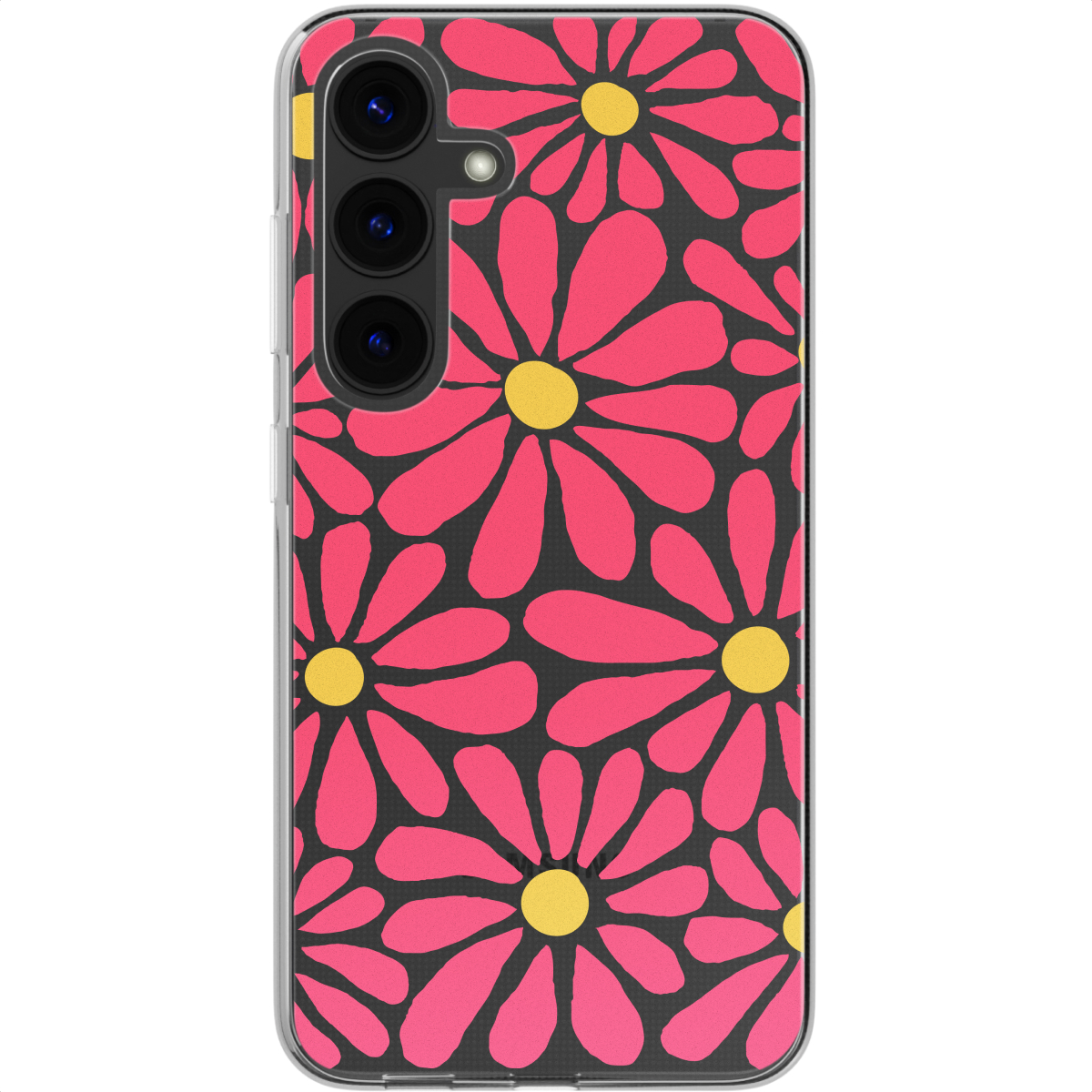 Une coque de téléphone avec un fond noir et des fleurs de marguerites roses est affichée.
