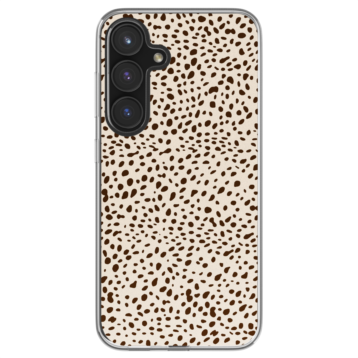 Telefoonhoesje met een beige achtergrond en verspreide bruine vlekken, in een close-up shot.