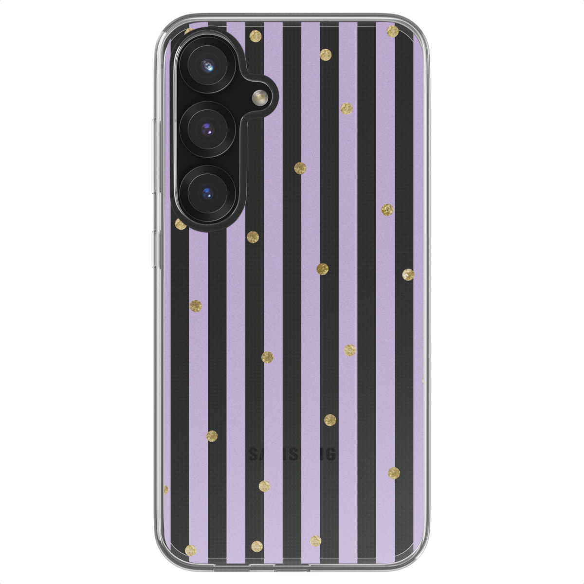 Une coque de téléphone avec des rayures noires et violettes et des pois dorés.