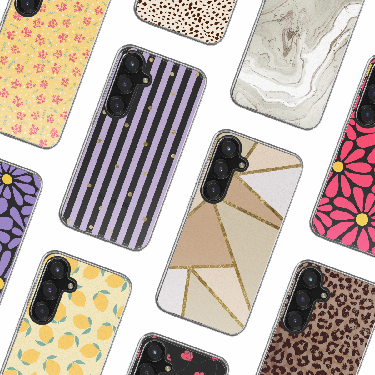 Coques de téléphone avec divers motifs : floral jaune, léopard, marbre, rayé, floral violet, citron, géométrique et cœurs.