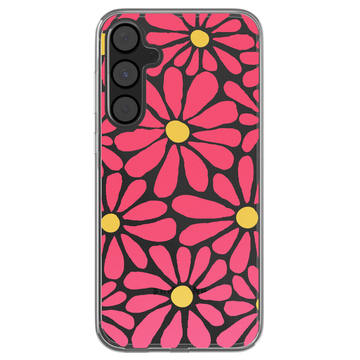 Telefoonhoesje met roze bloemen op een zwarte achtergrond. De telefooncamera is zichtbaar. Achtergrond is wit.