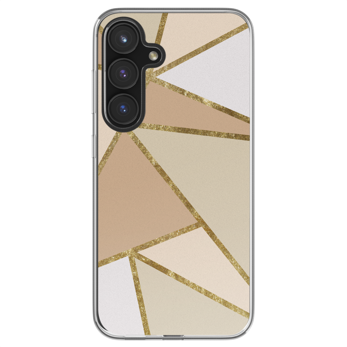 Coque de téléphone avec un motif géométrique de triangles beiges et dorés.