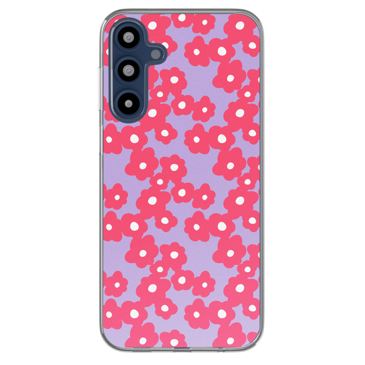 Telefoonhoes met roze bloemenpatroon op paarse achtergrond. Veel kleine bloemen.