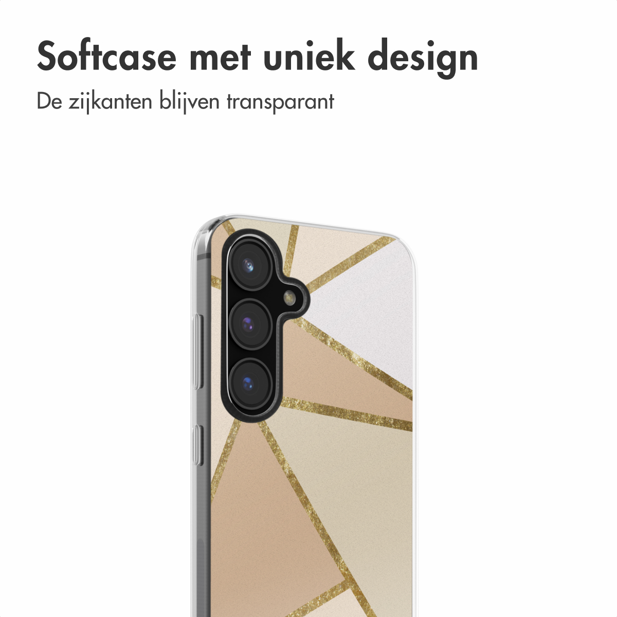 Coque de téléphone avec un design géométrique beige et doré. La caméra du téléphone est visible. Fond blanc.