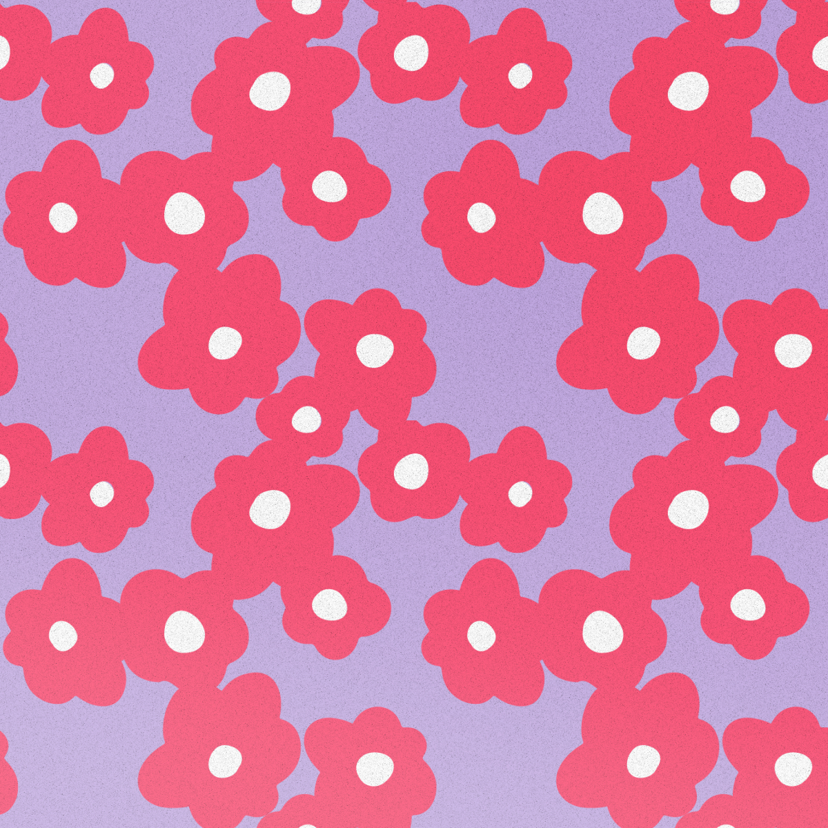 Een herhalend patroon van roze bloemen met witte centra op een lichtpaarse achtergrond.