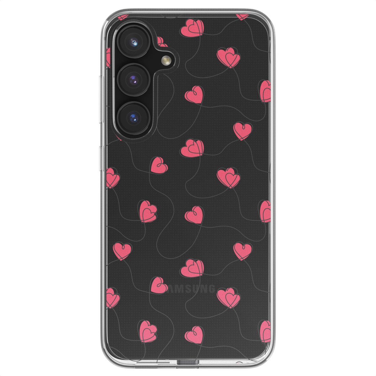 Telefoonhoesje met zwarte achtergrond en roze hartvormige lijnen. Samsung-logo onderaan.