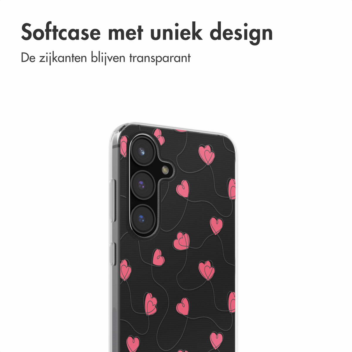 Zwarte telefoonhoes met roze hartjesontwerp. De hoes zit op een witte achtergrond.