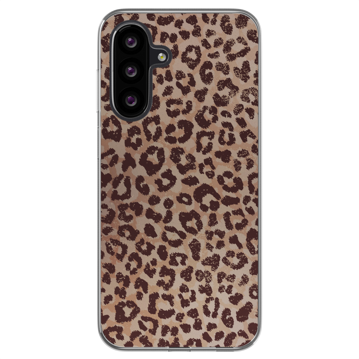 Coque de téléphone avec un imprimé léopard dans des tons marron et beige.