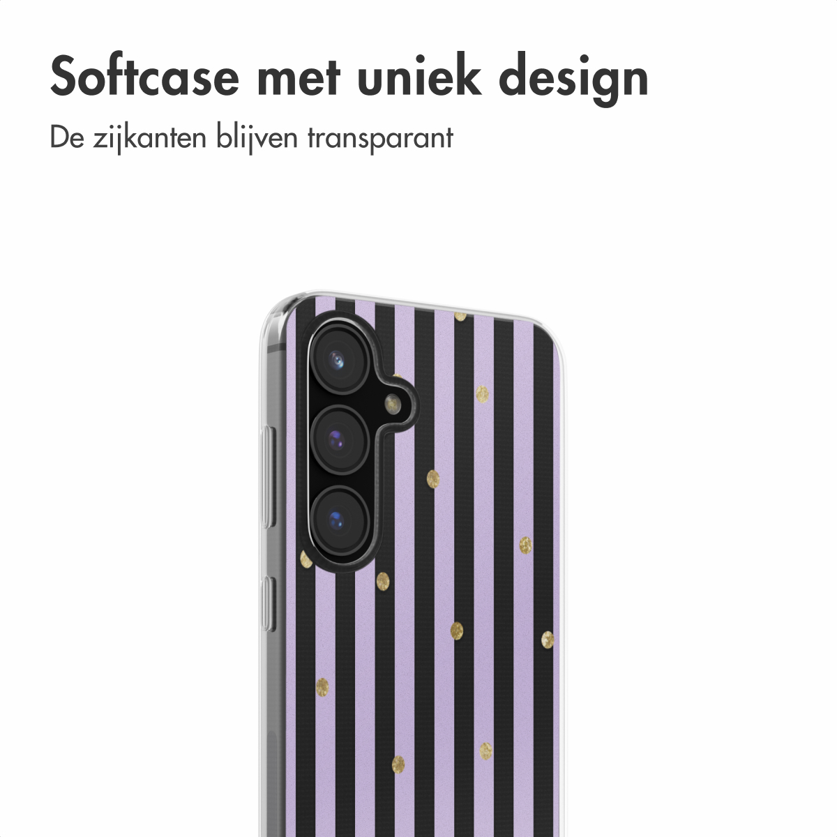 Coque de téléphone avec des rayures verticales noires et violettes et des points dorés.