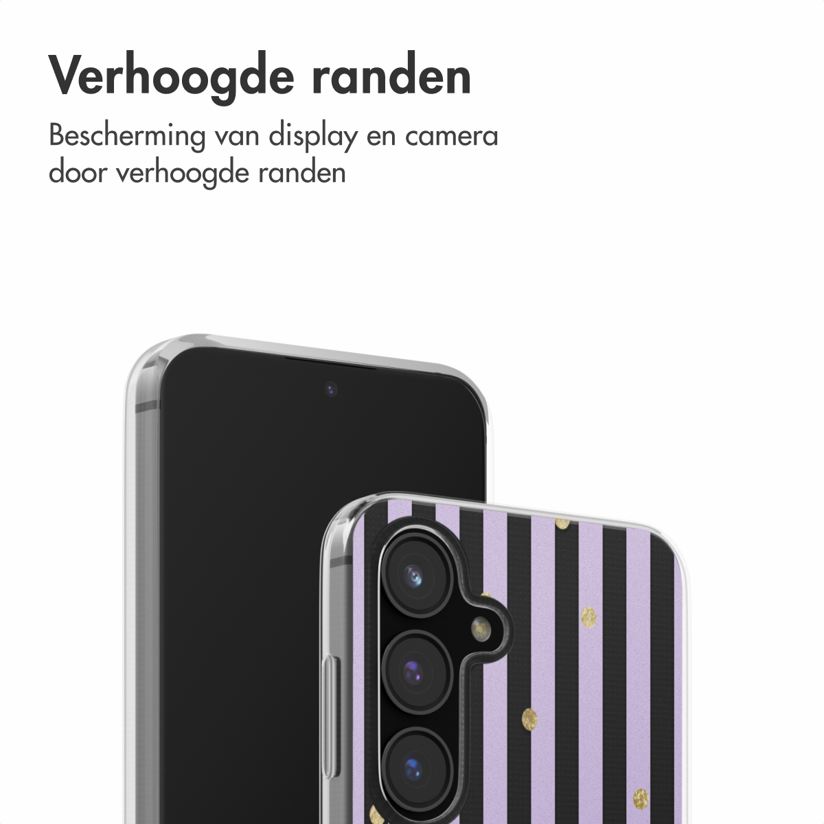 Un téléphone et une coque de téléphone avec des rayures noires et violettes et des pois dorés, avec des bords surélevés.