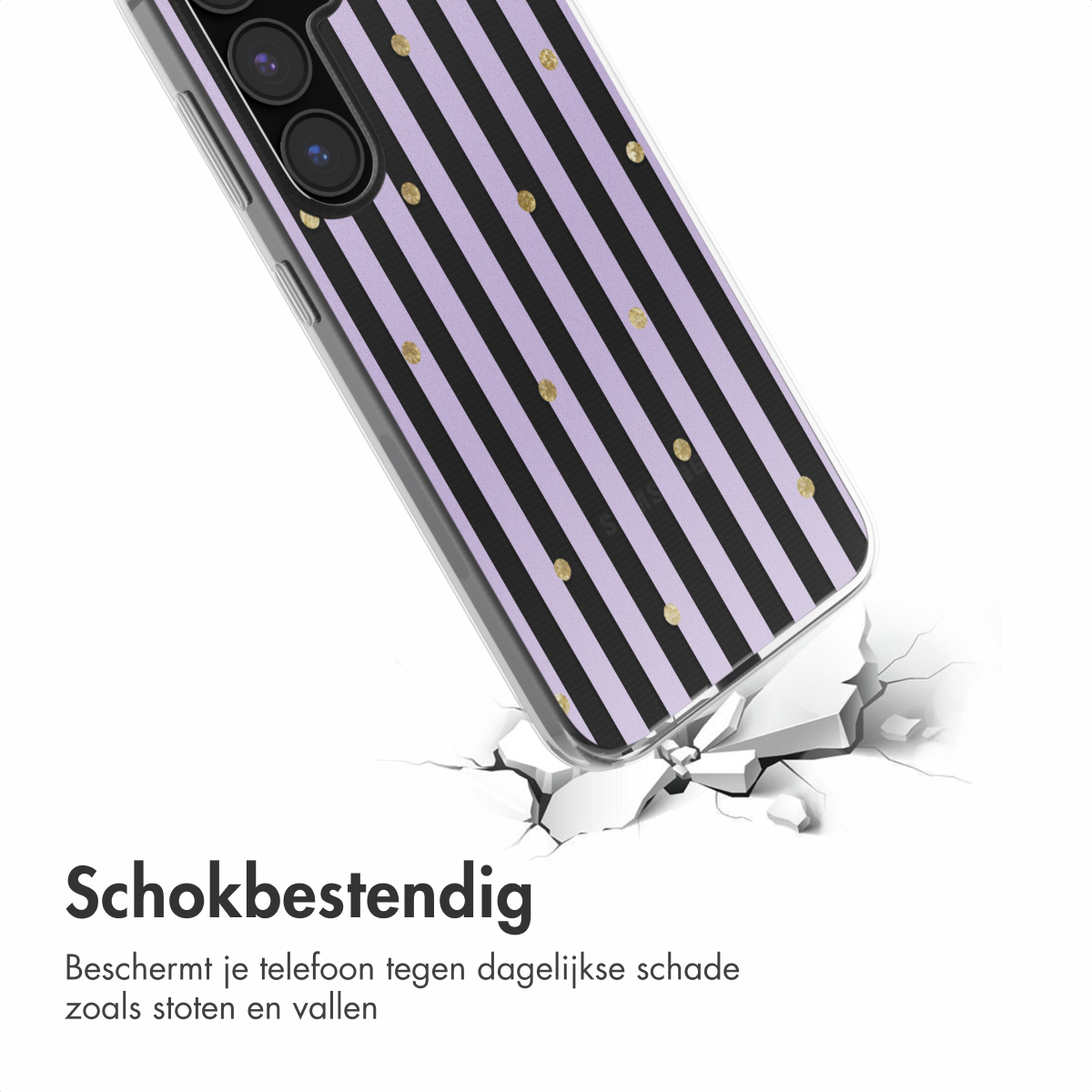 Coque de téléphone avec des rayures violettes, des lignes noires et des points dorés. Surface fissurée en dessous.