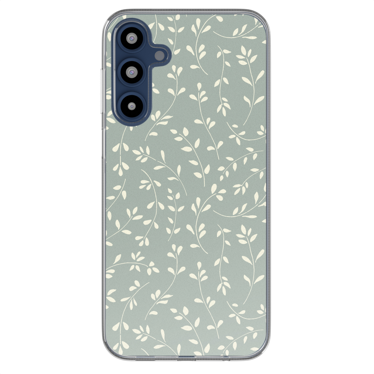 Een telefoonhoesje met een patroon van witte bladeren op een lichtgroene achtergrond. De telefoon heeft een camera.