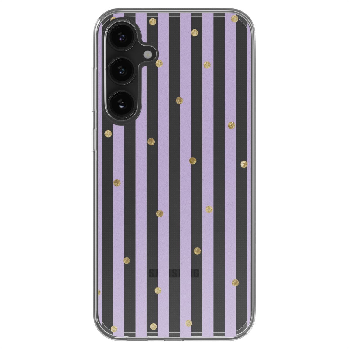 Telefoonhoesje met paarse strepen en gouden stippen. De telefoonhoes staat op een witte achtergrond.