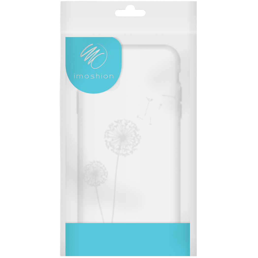 Confezione trasparente per custodia per telefono con logo imoshion e design a soffione. Accento blu in basso.
